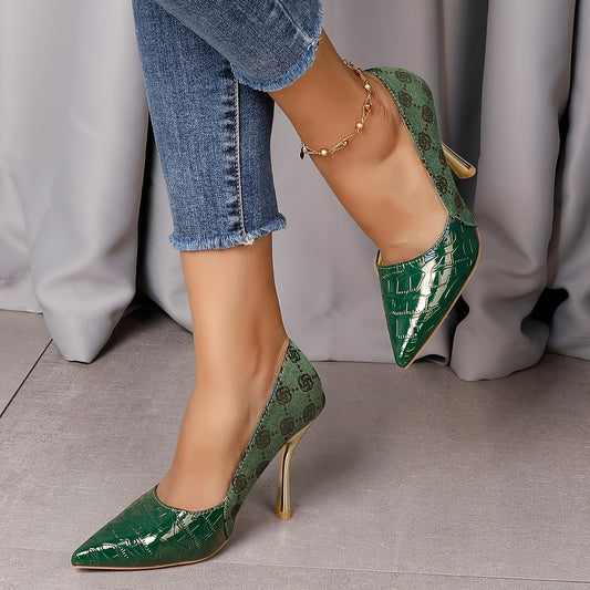 Green Floral Pattern Pointed Toe Pumps for Women, Elegant Stiletto High Heels with French Heel, Fabric Upper and Rubber Sole - Versatile All-Season Footwear