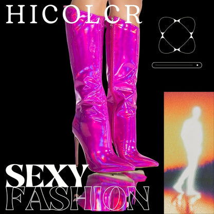 Women's Illusion Color Wrinkles Tall Boots Fashion High Heels Thin Heels Side Zipper Shoes Ladies Shiny Winter Pleated Long Boots
