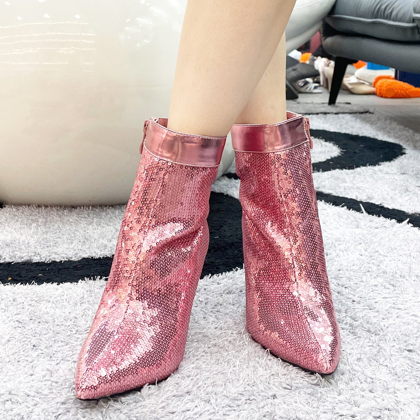 Rhinestone Cowboy Boots Sparkly Ankle Cowgirl Booties For Women Pointed Toe Side Zipper Western Glitter Mid Calf Short Fashion Boots With Diamond Stiletto Heels For Party Wedding Casual