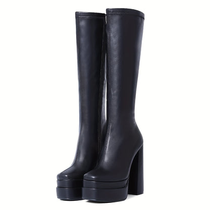 Platform Boots For Women Square Toe Chunky High Heels White GoGo Boots Side Zipper Stretch Knee High Boots