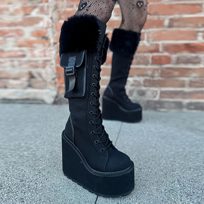 Goth Knee High Boots Fashion Platform Wedges High Heels Lace-up Combat Boots, Women Round Toe Black Platform Combat Boots Womens Lace Up Wedge Boots Chunky Block Heel Punk Boots Gothic Motorcycle Booties For Women, Christmas,