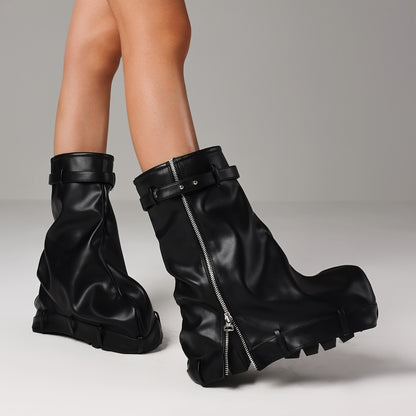 [Metallic Chunky High Heels] Metallic Chunky High Heels Mid-Calf Boots - Stylish Folding Women's Boots - Thick Sole Punk Gothic Motorcycle Shoes