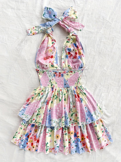 Women's Floral Print Halter Neck Dress - Lightweight Summer Dress with Ruching Detail, Machine Washable, Vibrant Spring/Summer Casual Beachwear