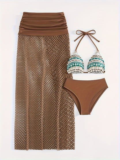 3 Piece Set Tribal Print Bikini - Halter Neck High Cut Swimsuit with Hollow Out Cover-Up Skirt, Women's Swimwear & Clothing for Beach Vacation