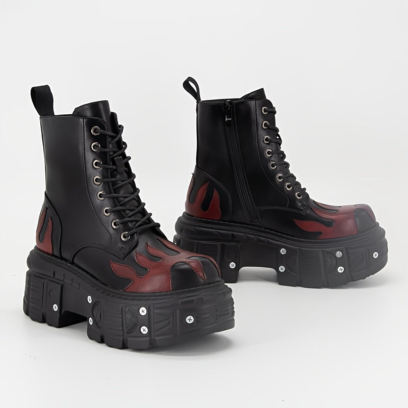 Halloween Women'S Flat Platform Ankle Boots Black High Heels Round Toe Thick Sole Mid Calf Booties Metal Decor Y2K Fashion Sports Shoes