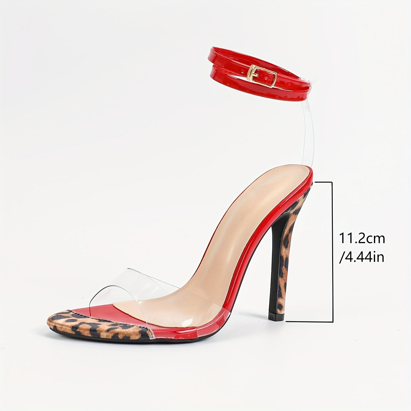 Women'S Round Toe Leopard Print Transparent Glass Glue One-Strap Ankle Wrap Stiletto Heels, Sexy Fashion Party Red High Heels