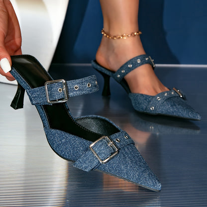 Women'S Elegant Pointed-Toe High Heel Pumps - Chic Denim Blue Slip-On Shoes with Buckle Straps, Lightweight & All-Season Fashion Shoes, Allseason Dress Shoes | Stiletto Heels | Fabric Construction