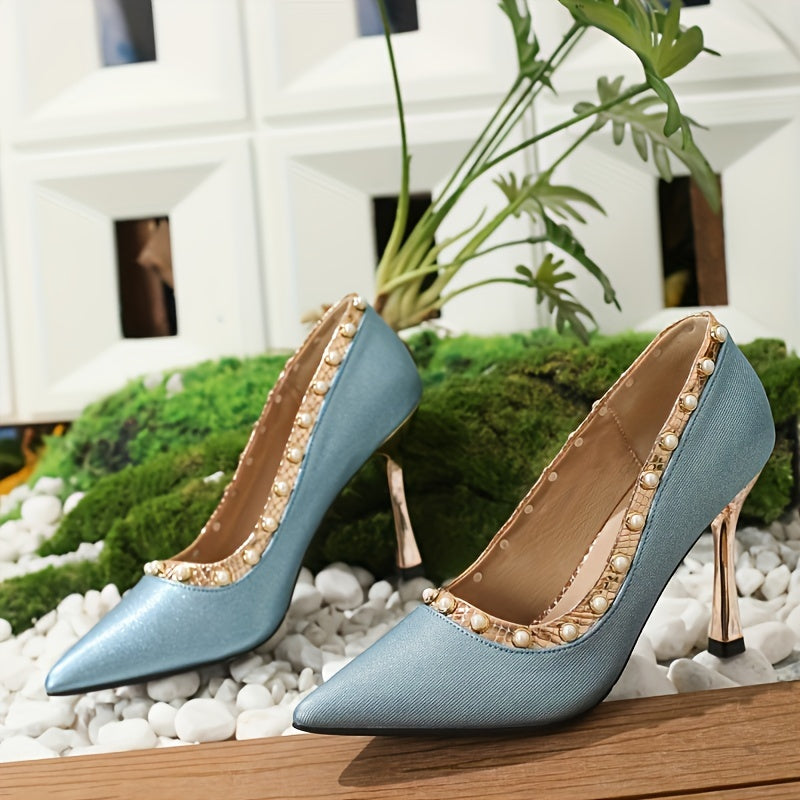 Elegant Peacock Blue Women'S High Heels with Pearl Studs - Sexy Ramadan Fashion, Versatile Peacock Blue Party Shoes, Lightweight Mid-Height Stiletto Pumps with Pointed Toe and TPR Sole
