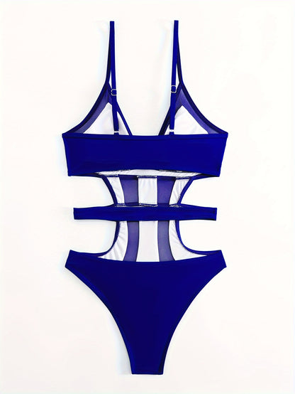 Solid Color Mesh Contrast Cut Out One Piece Swimsuit, V Neck Spaghetti Strap High Cut Stretchy Bathing Suits, Women's Swimwear & Clothing for Koningsdag/King's Day
