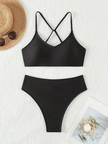 2-Piece Criss Cross Tie Back Bikini Set - Chic Hollow Out Design, Stretchy Solid Black - Comfortable Beachwear for Women