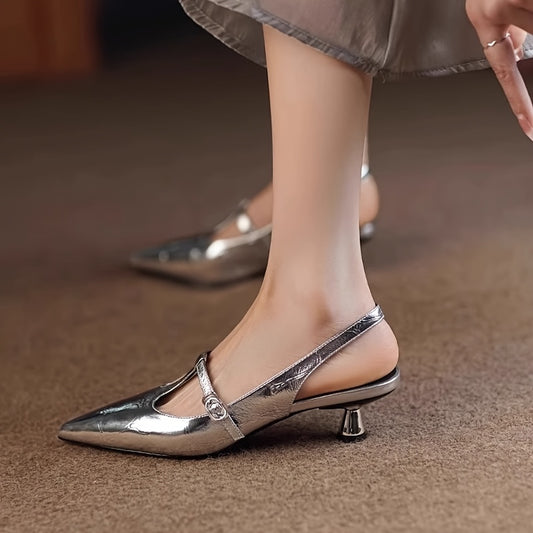 Women's Metallic Pointed-Toe Pumps - Mid-Height Heels with Faux Cover Upper & PVC Sole, Versatile for Work or Casual Wear