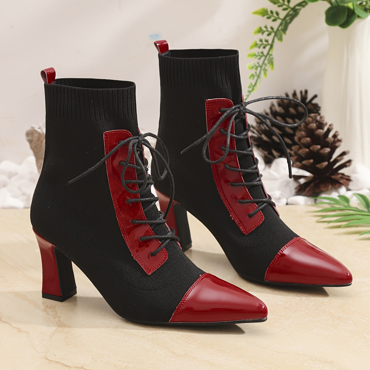 Black and Red Classic Combination Pointed Women's High Heels Short Boots Thick Heels with Adjustable Laces Comfortable Street Shoes Outdoor Boots