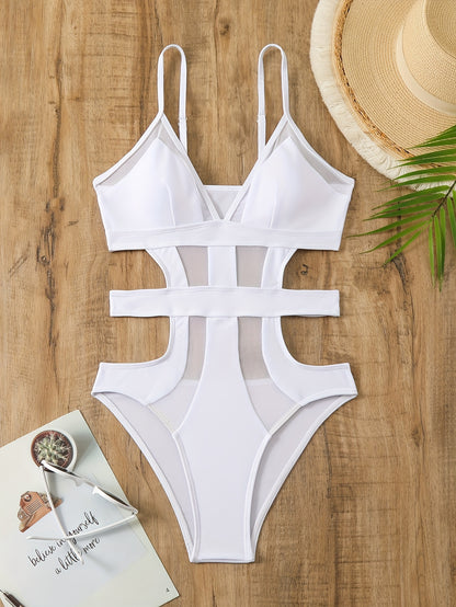 Solid Color Mesh Contrast Cut Out One Piece Swimsuit, V Neck Spaghetti Strap High Cut Stretchy Bathing Suits, Women's Swimwear & Clothing for Koningsdag/King's Day