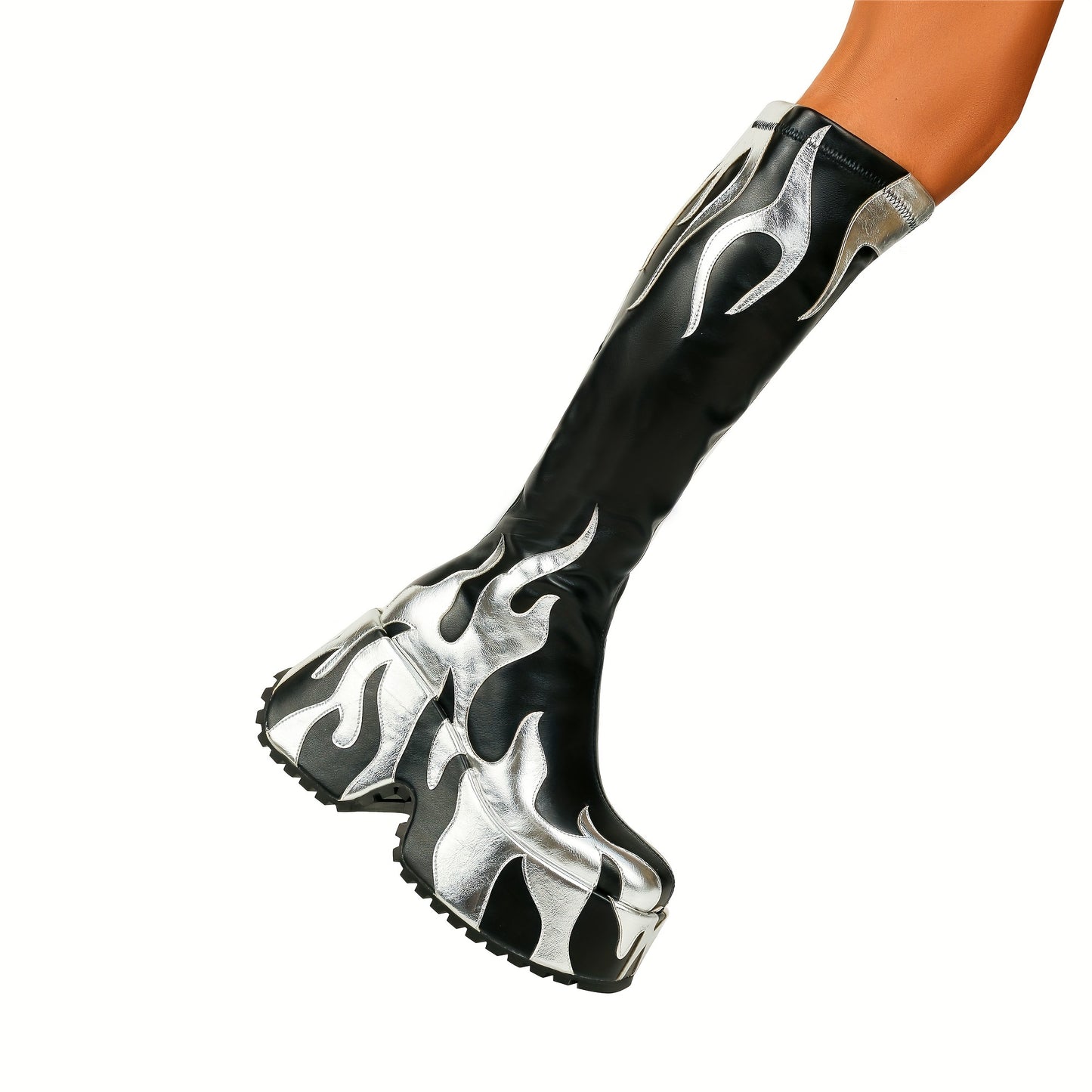 Women's Knee-high Boots With Side Zipper, High Heels, Flame Design, And Thick Soles