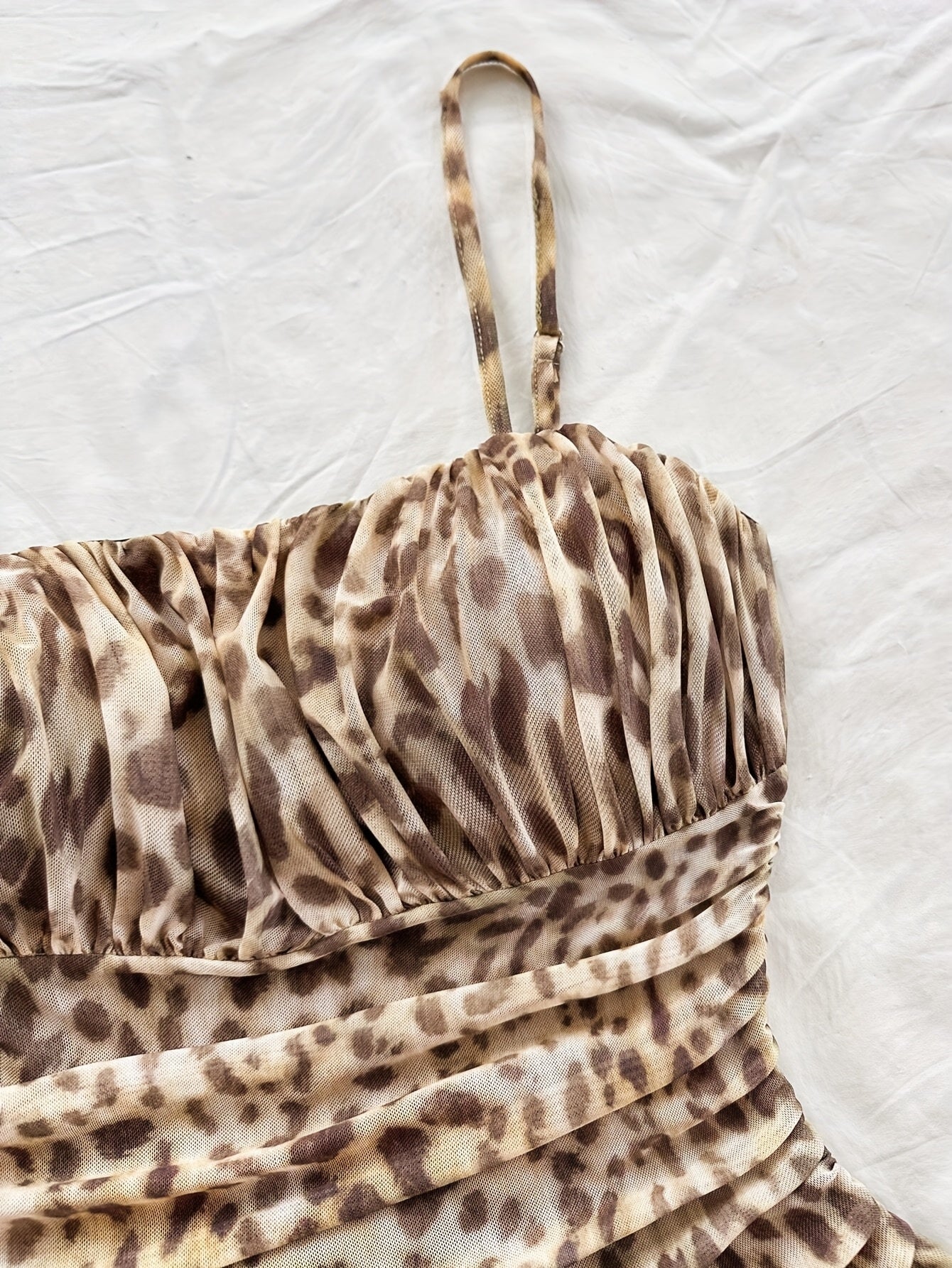 Sexy Leopard Print Mesh Suspender Dress for Women - Ruched Bodice, Sleeveless Summer Dress with Adjustable Thin Straps, Perfect for Casual or Stylish Outfits, Summer Fashion | Leopard Print Dress | Mesh Detailing, Cute Dresse