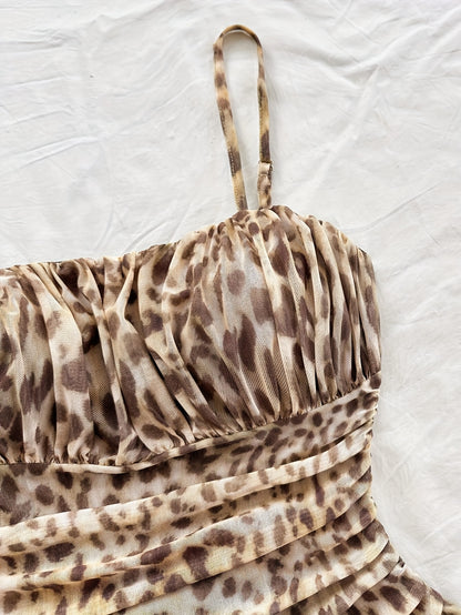 Sexy Leopard Print Mesh Suspender Dress for Women - Ruched Bodice, Sleeveless Summer Dress with Adjustable Thin Straps, Perfect for Casual or Stylish Outfits, Summer Fashion | Leopard Print Dress | Mesh Detailing, Cute Dresse
