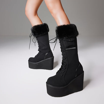 Goth Knee High Boots Fashion Platform Wedges High Heels Lace-up Combat Boots, Women Round Toe Black Platform Combat Boots Womens Lace Up Wedge Boots Chunky Block Heel Punk Boots Gothic Motorcycle Booties For Women, Christmas,