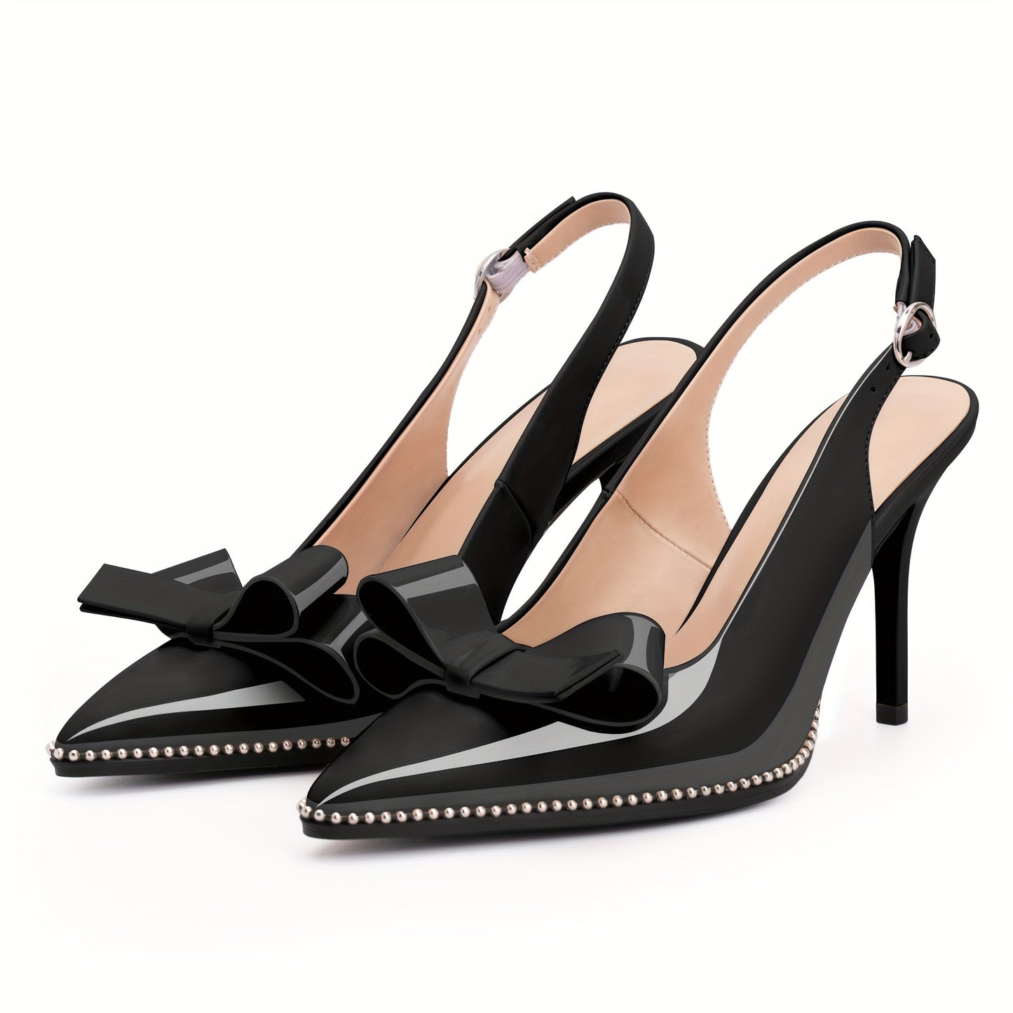 Women's Sexy Slingbacks Bow Stiletto Heels Closed Pointed Toe Pumps Bead Buckle Strap High Heels Dress Shoes