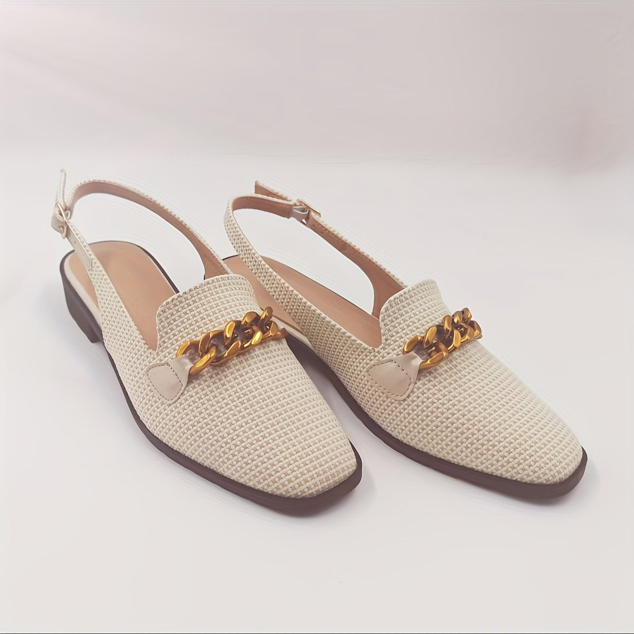 Elegant Women's Square Toe Sandals with Golden Chain Detail, Beige Linen Upper & Brown TPU Sole, Comfortable Low Heel Design for Parties, Office, and Casual Wear, Party Sandals | Square Toe Heels | Polyurethane Insole, High H