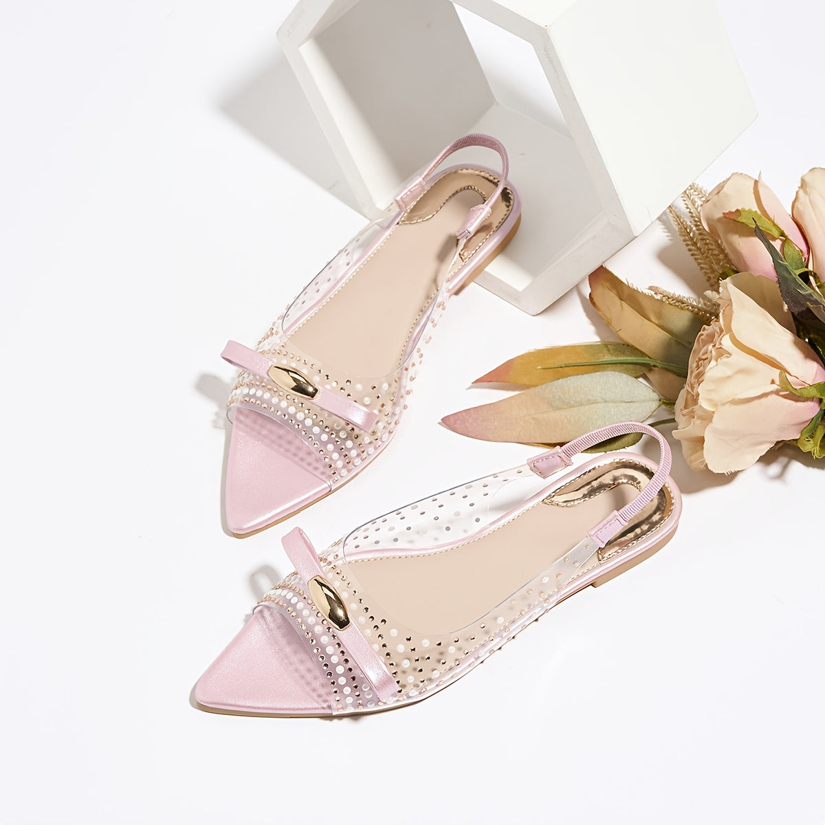 Women's Elegant Rhinestone Bow Metallic Buckle Sandals - Breathable TPU Flat Heel Pointed Toe Summer Shoes with Star Pattern, Comfortable Casual & Formal Wear, Formal Sandals | Pointedtoe Heels | TPU Upper Sandals, Strappy Sa