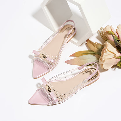 Women's Elegant Rhinestone Bow Metallic Buckle Sandals - Breathable TPU Flat Heel Pointed Toe Summer Shoes with Star Pattern, Comfortable Casual & Formal Wear, Formal Sandals | Pointedtoe Heels | TPU Upper Sandals, Strappy Sa