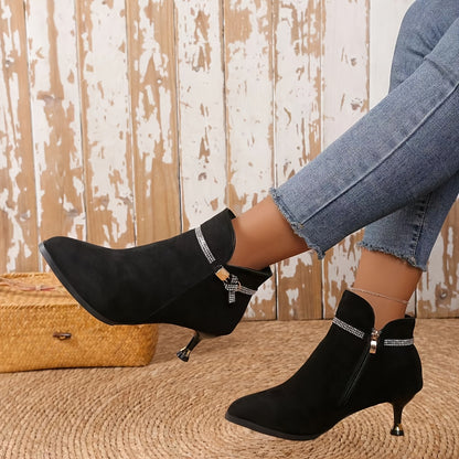 [Metal Buckle Ankle Boots] Velour Thick Pointed Mid-Heels Metal Buckle Ankle Boots - Autumn and Winter Fashion Women's Boots