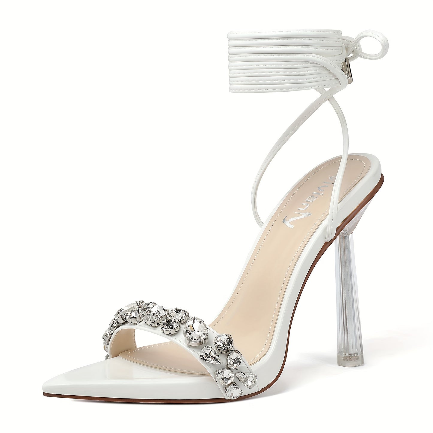 Vivianly Strappy Stiletto Clear High Heels Rhinestone Lace Up Heeled Sandals Pointed Toe Pumps Wedding Bride Dress Shoes