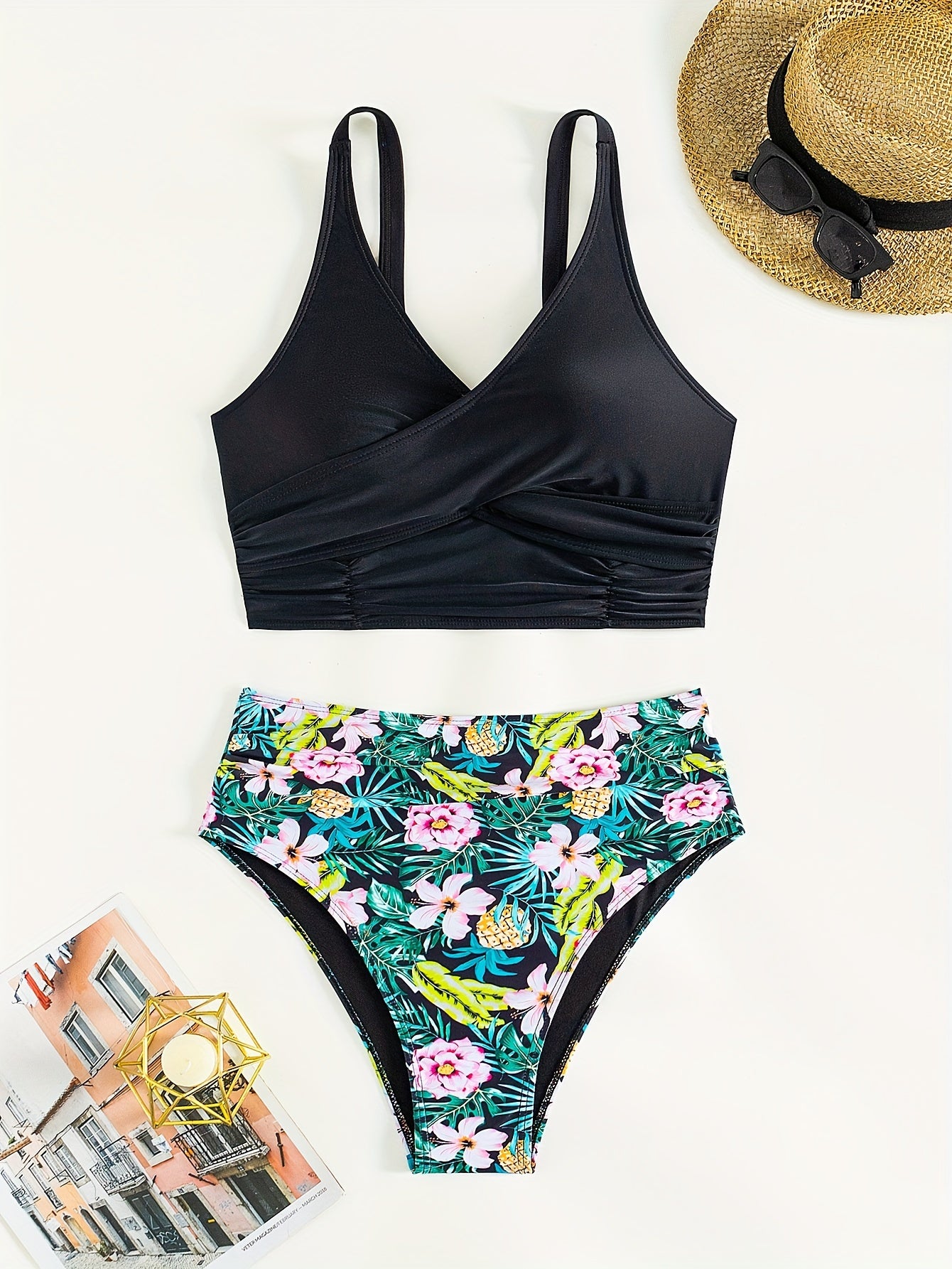2 Piece High Waist Twist Bikini Set - V Neck Ruched Tummy Control, Stretchy Solid Black Swimsuit with Cross Strape Details, Quick Drying Polyamide Fabric for Beach Pool Bathing - Womens Swimwear & Clothing