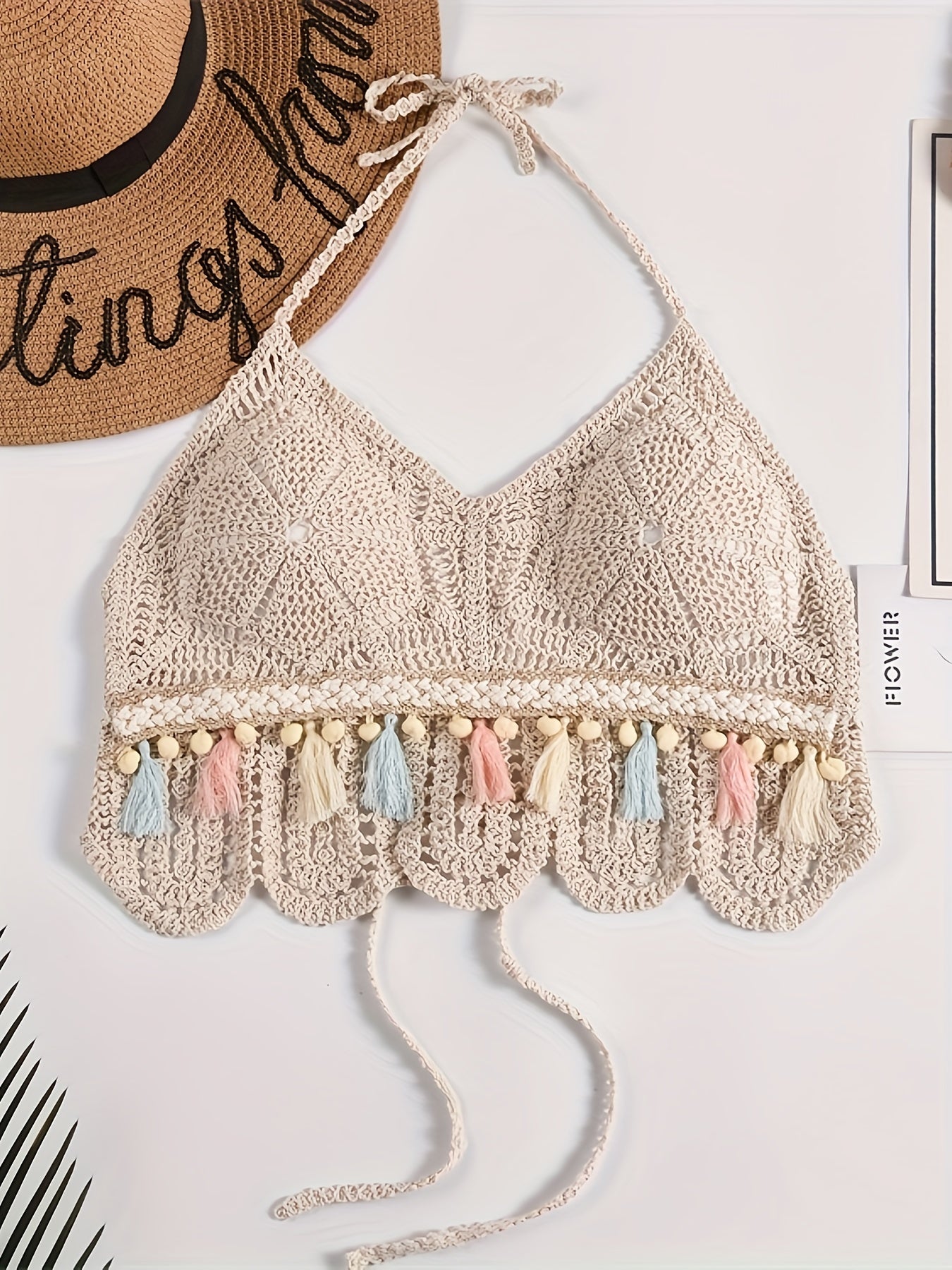 [Backless Padded Carnival Swimwear] Bohemian Hollow Out Crochet Tassel Pom Pom Top, Halter Tie Neck Backless Padded Top, Women's Swimwear & Clothing for carnival & Music Festival