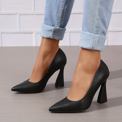 Women's Pointed Toe High Heels, Solid Color Slip On Chunky Flared Heels, Stylish Office Work Pumps