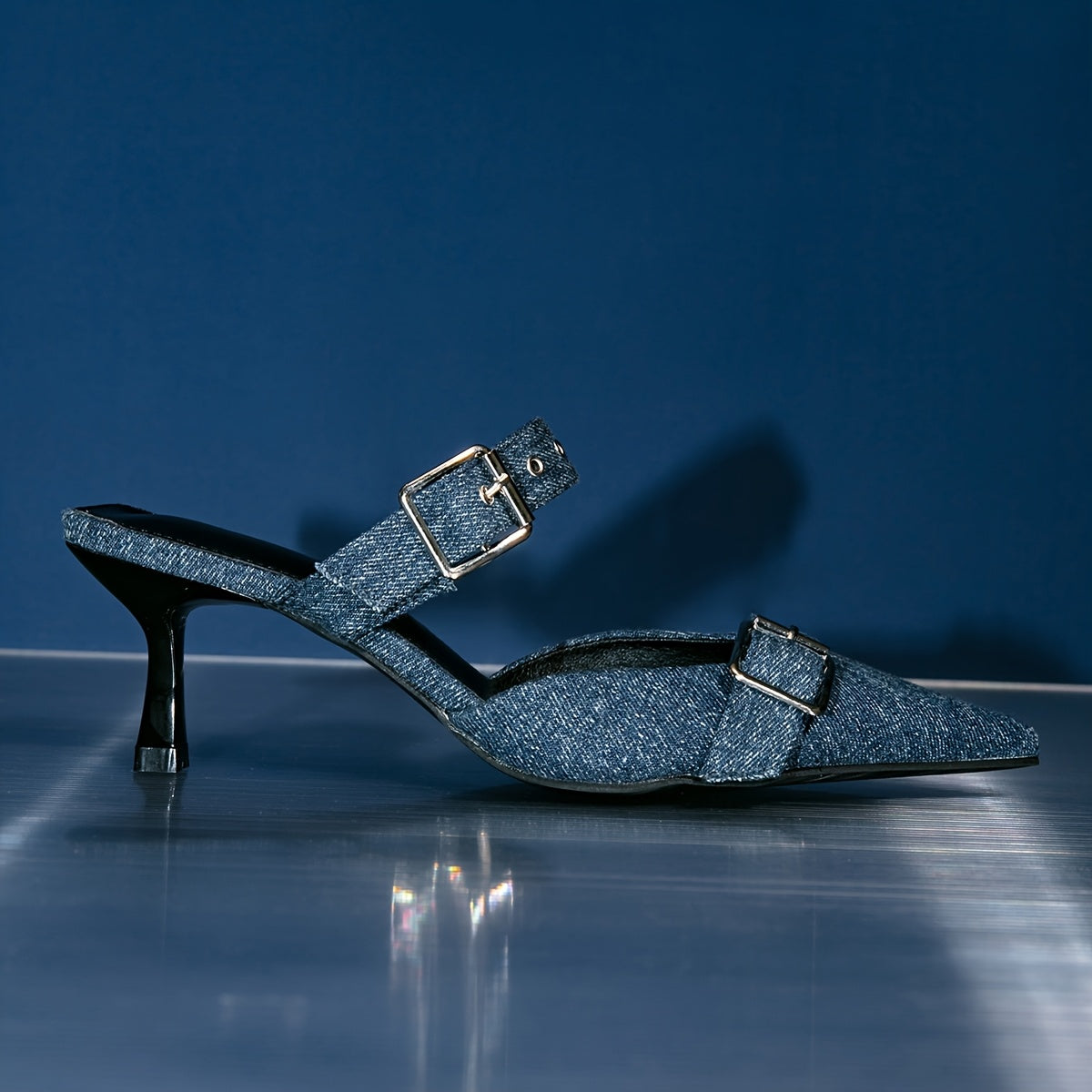 Women'S Elegant Pointed-Toe High Heel Pumps - Chic Denim Blue Slip-On Shoes with Buckle Straps, Lightweight & All-Season Fashion Shoes, Allseason Dress Shoes | Stiletto Heels | Fabric Construction