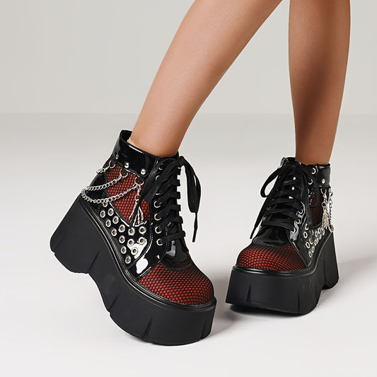 Women's Gothic Punk Ankle Boots with Chain Accents, Round Toe Platform Wedge Heels, Side Zipper & Shoelace Closure, Fashionable Cosplay Party Street Shoes, Ladies Dress Shoes