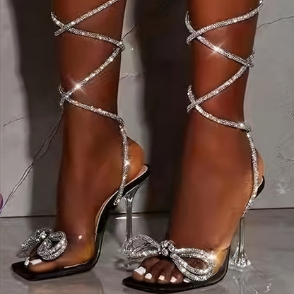 Women's Square Toe Clear Heels Sexy Rhinestone Bow Heels Open Toe Ankle Strap Stiletto High Heel Sandals - For Women - Perfect for Parties & Night Out - Ideal Gift for Fashionistas
