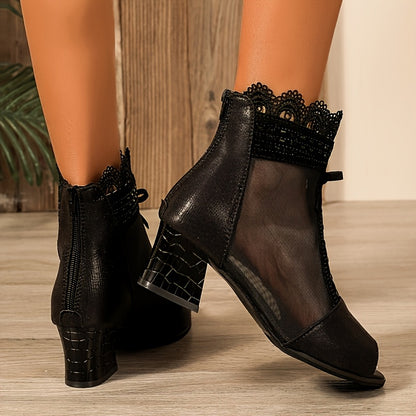 Spring And Summer Women'S High Heels, Black Sparkling Open-Toe, Comfortable Chunky Heel Breathable Mesh Fashion Shoes, Elegant High Heels with Lace Trim Design.