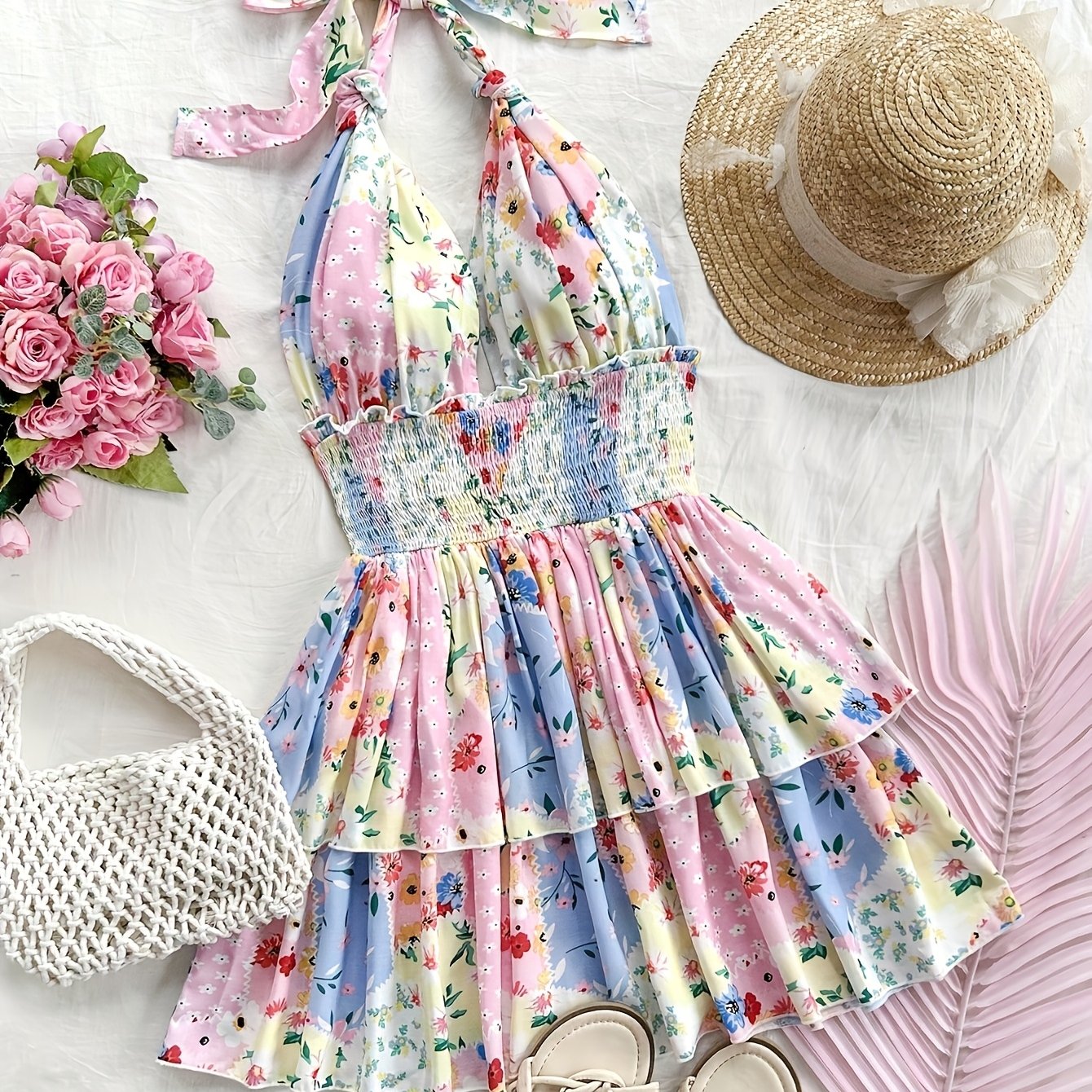 Women's Floral Print Halter Neck Dress - Lightweight Summer Dress with Ruching Detail, Machine Washable, Vibrant Spring/Summer Casual Beachwear