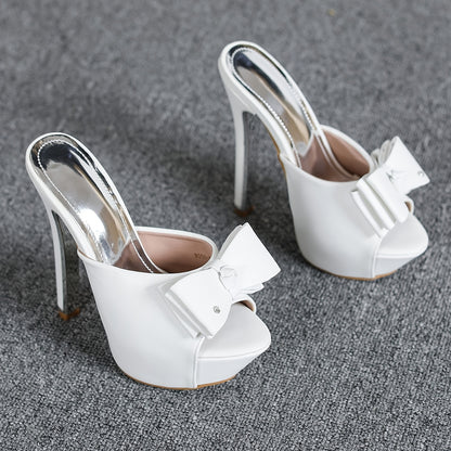 Elegant White Faux Cover Platform Sandals with Rhinestone Bow, 15cm High Heels & Transparent Straps for Women - Summer Fashion Statement, Strappy Sandals