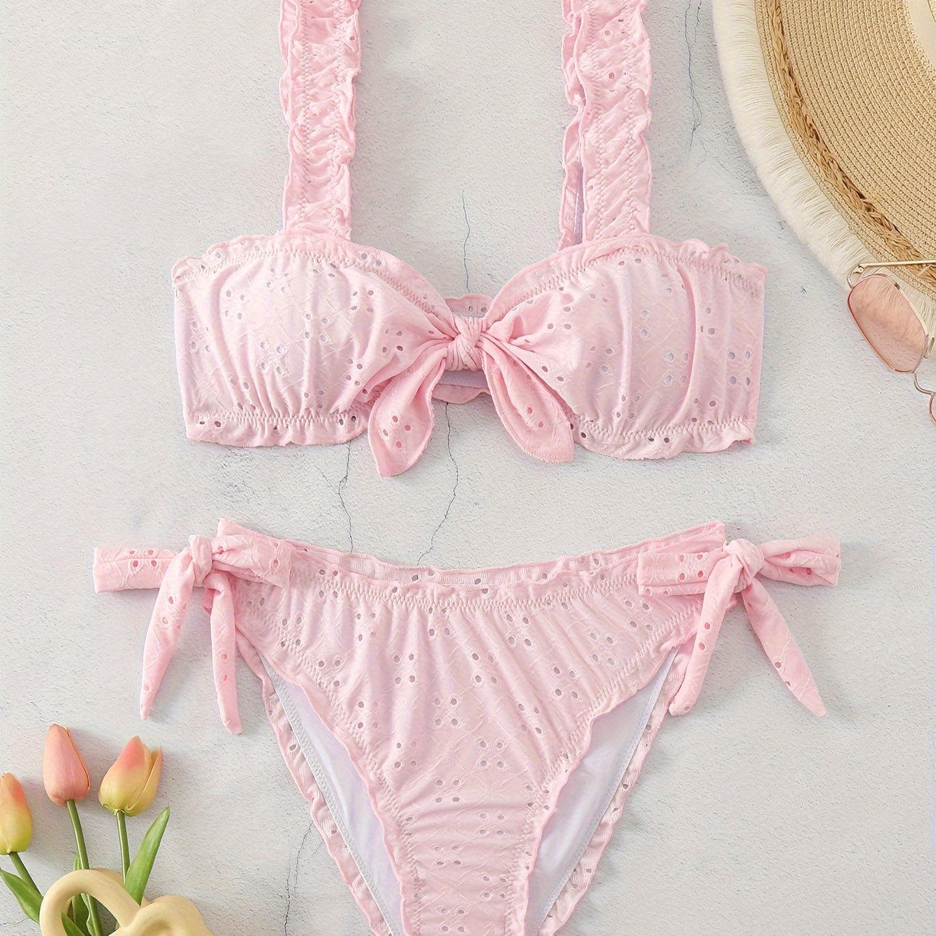 2 Piece Eyelet Embroidery Frill Stretchy Knot Bikini Set - Cute, Comfortable, and Chic Women's Swimwear with Plain White Color - Perfect for Beach, Pool, and Summer Vacation