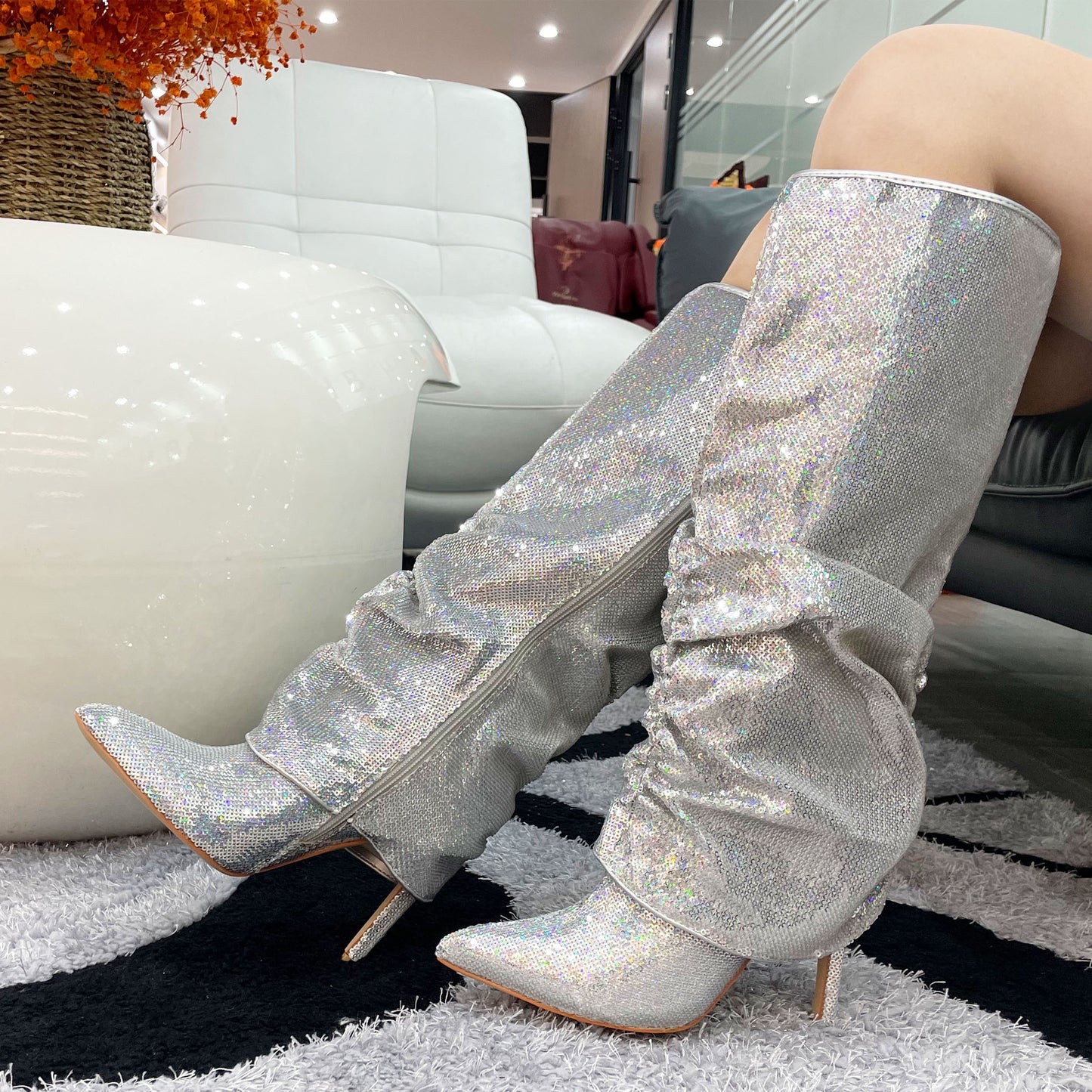 Metallic Fishnet Overlay Boots Knee High Boots Women Fold Over Knee High Boots Chunky High Heels Long Boots Zipper Pointed Toe Dress Tall Boots For Women