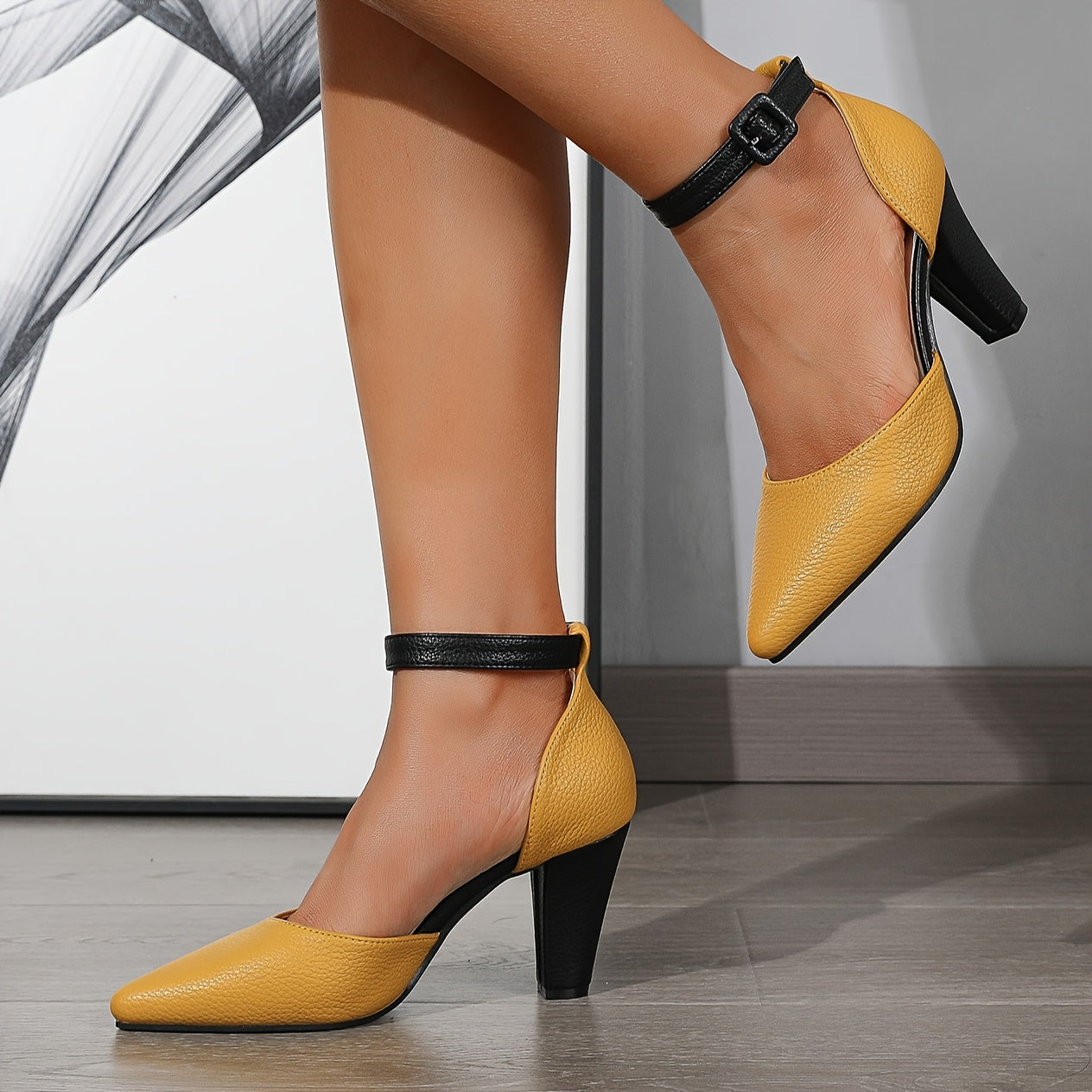 Elegant Solid Color Pointed Toe Block Heel Pumps - 1 Pair D'Orsay High Heels for Women - Ankle Strap, Polyurethane Upper/Inner/Sole/Insole, All-Season Fashion Dress Shoes