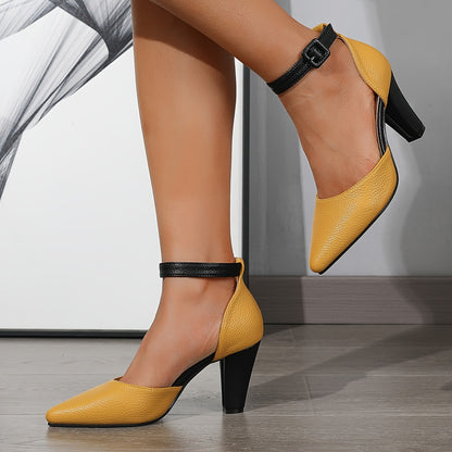 Elegant Solid Color Pointed Toe Block Heel Pumps - 1 Pair D'Orsay High Heels for Women - Ankle Strap, Polyurethane Upper/Inner/Sole/Insole, All-Season Fashion Dress Shoes