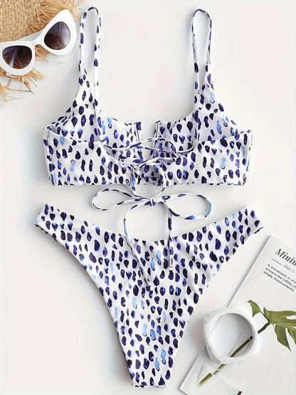 ZAFUL Leopard Print Two Piece Bikini V Neck Elastic High Slit Swimsuit Women's Swimwear