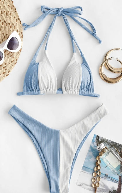 Custom Cinched Bikini Solid Color Wave Textured Knotted Tied Side Cheeky Swimwear Beachwear