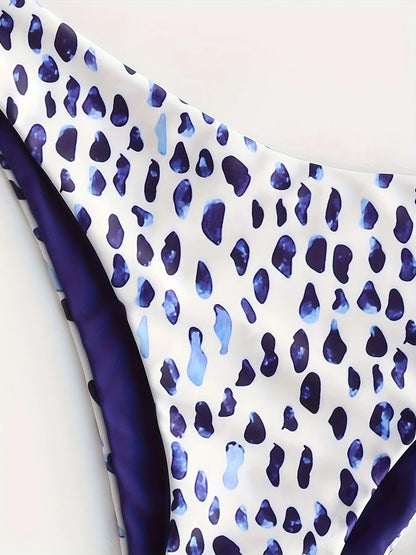 ZAFUL Leopard Print Two Piece Bikini V Neck Elastic High Slit Swimsuit Women's Swimwear