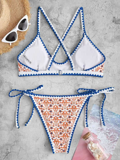 ZAFUL Women's Bohemian Swimsuit Strappy Tie Side Bikini Set Triangle Cheeky String Brazilian Swimwear
