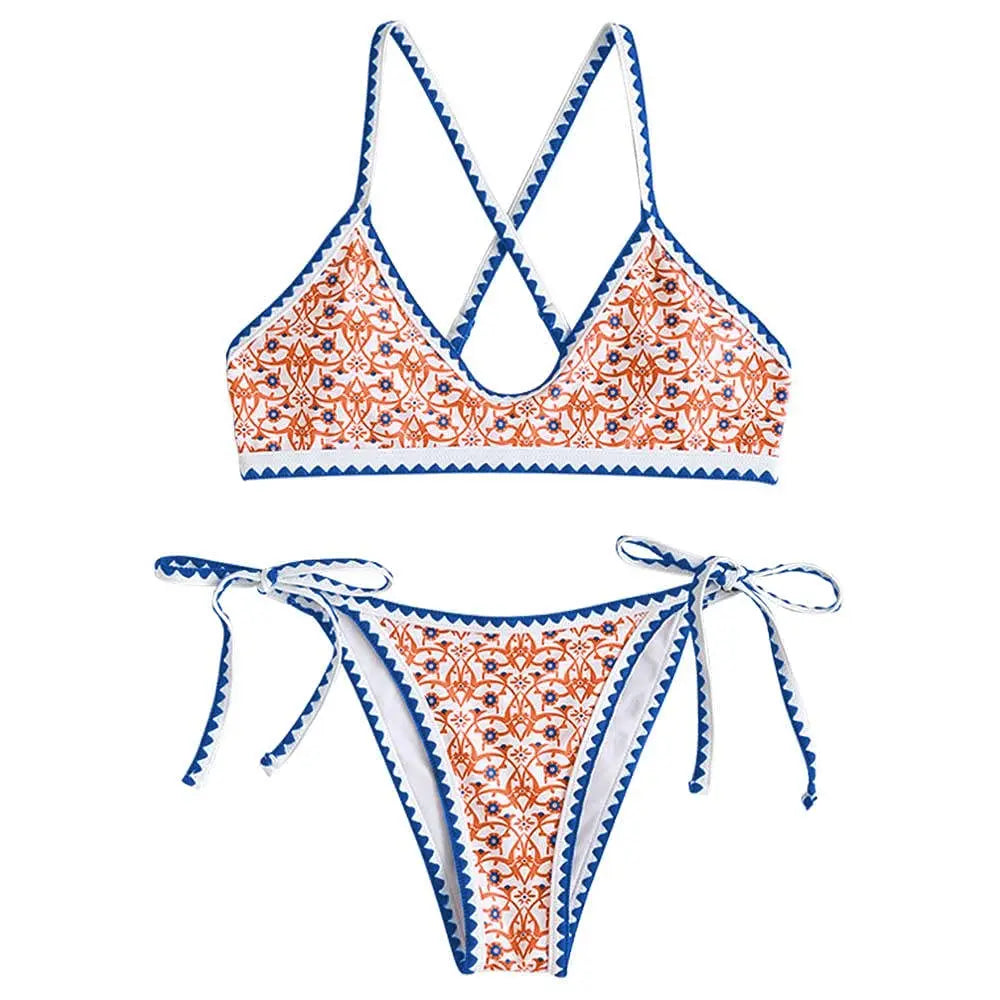 ZAFUL Women's Bohemian Swimsuit Strappy Tie Side Bikini Set Triangle Cheeky String Brazilian Swimwear