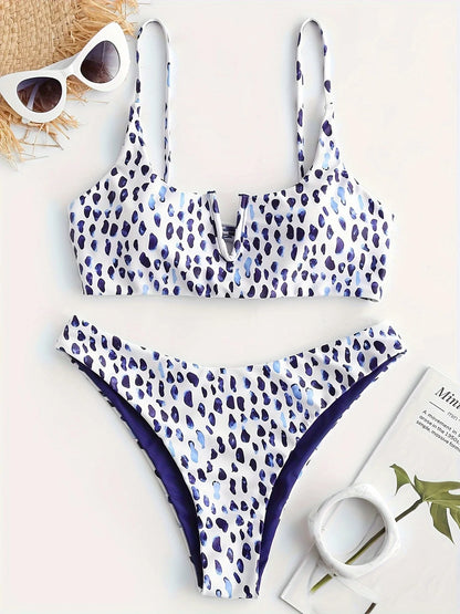 ZAFUL Leopard Print Two Piece Bikini V Neck Elastic High Slit Swimsuit Women's Swimwear