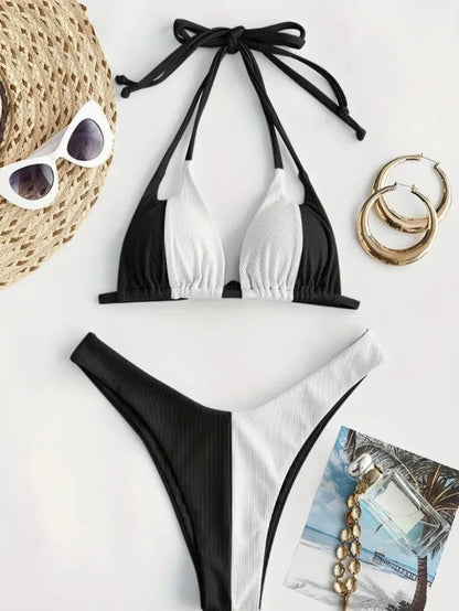 Custom Cinched Bikini Solid Color Wave Textured Knotted Tied Side Cheeky Swimwear Beachwear