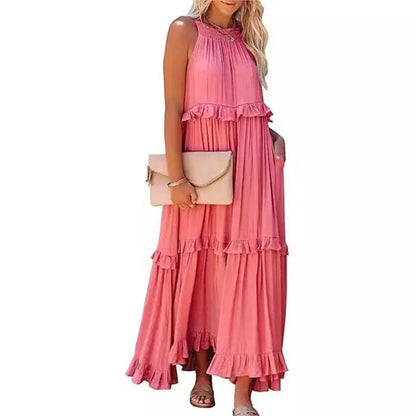 Summer Vacation Long Dresses Women's New Fashion Halter Neck Backless Leace-up Loose Ruffles Beach Dress Elegant Ladies Vestidos