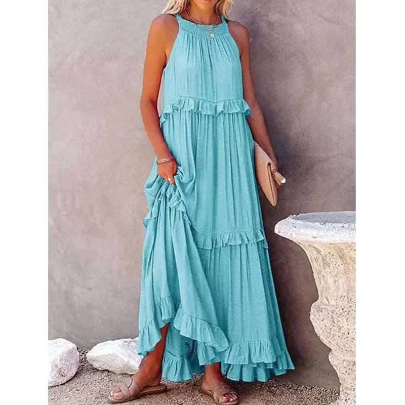 Summer Vacation Long Dresses Women's New Fashion Halter Neck Backless Leace-up Loose Ruffles Beach Dress Elegant Ladies Vestidos