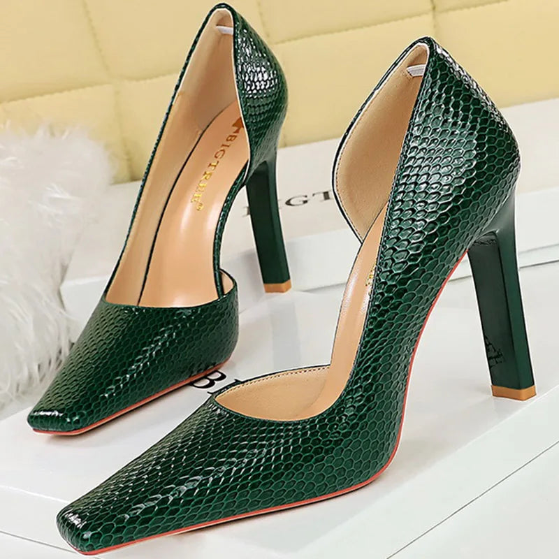 Women 11cm High Heels Square Heels Pumps Square Toe Green Pink Heels Lady Serpentine Patent Leather Wedding Evening Party Shoes